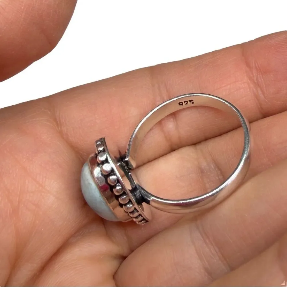 Larimar Ring Size 10 925 Sterling Silver Overlay Natural Stone Blue Oval Boho - Picture 8 of 9